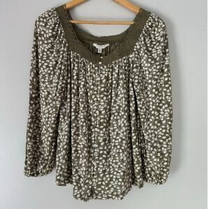 Lucky Brand Green Leaf Button Front Blouse Size S Feminine Peasant